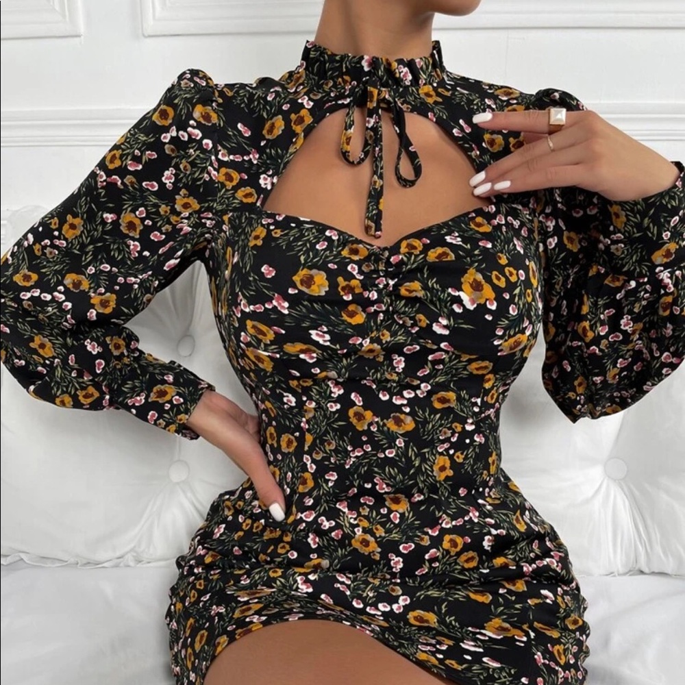 Ruffle Neck Floral Print Cut Out Front Bodycon Dress